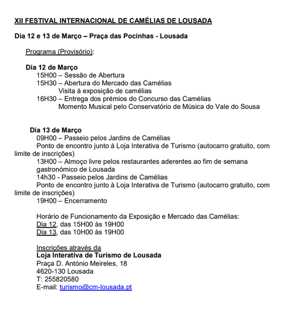 programa do XII Festival Internacional de Camélias, dias 12 e 13 de março