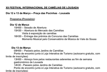 programa do XII Festival Internacional de Camélias, dias 12 e 13 de março