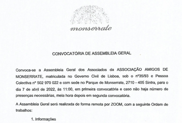 Convocatória de Assembleia Geral dos Associados da Associação Amigos de Monserrate